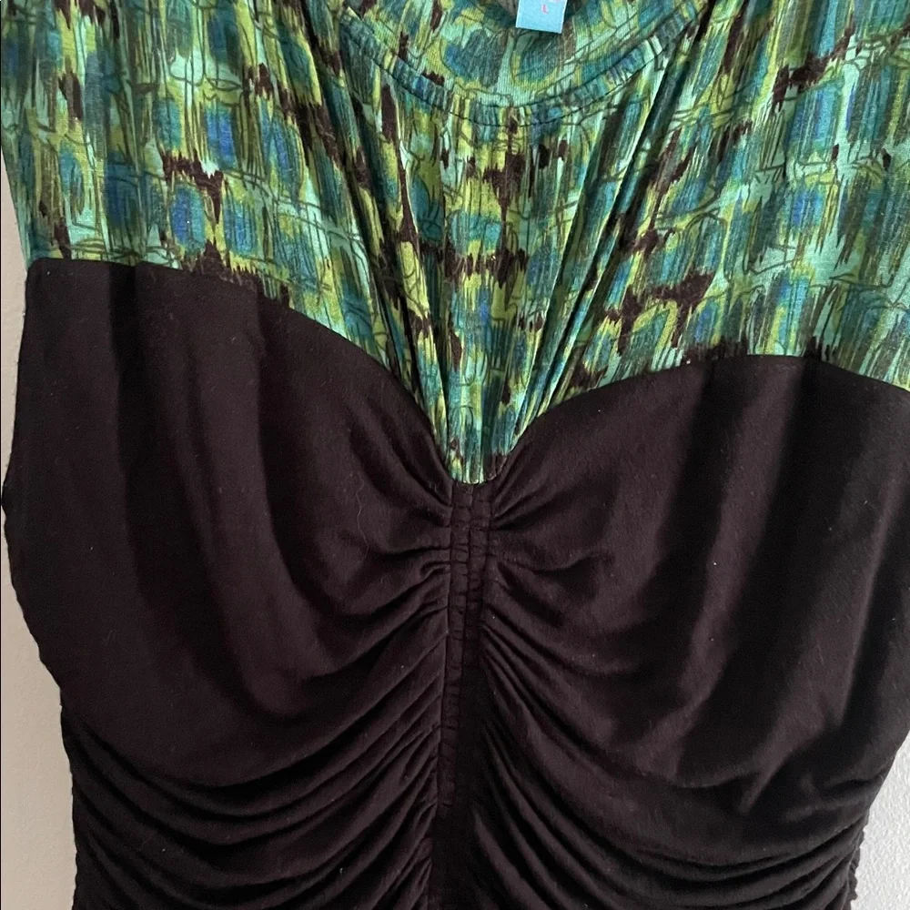 Plenty by Tracy Reese Green Patterned Midi Dress with Black Ruched Waist - Picture 3 of 7